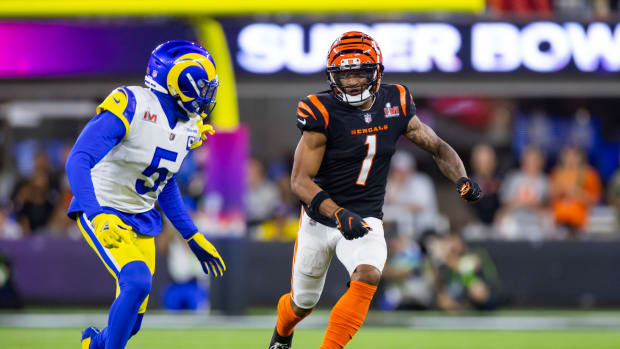 Feb 13, 2022; Inglewood, CA, USA; Los Angeles Rams cornerback Jalen Ramsey (5) defends against Cincinnati Bengals wide receiver Ja'Marr Chase (1) during Super Bowl LVI at SoFi Stadium. Mandatory Credit: Mark J. Rebilas-USA TODAY Sports
